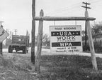original historically important and highly symbolic c. 1930's american depression era work progress administration jobsite double-sided painted steel sign