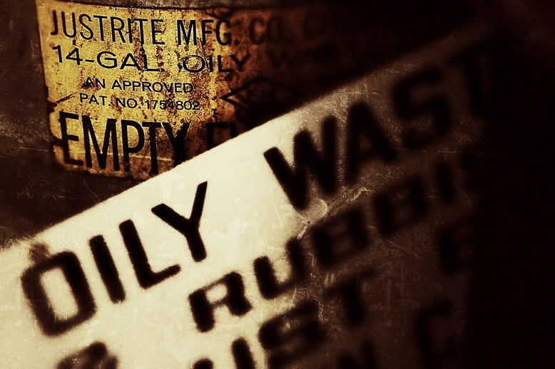 original and remarkably intact c. 1940's vintage american industrial single-sided die cut steel oily waste can rag disposal safety first factory sign