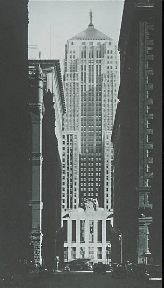 historically-important oversized flush mount american art deco streamlined style chicago board of trade building interior lobby illuminated polished brass wall sconce with cylindrical frosted glass shade