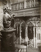 well documented 19th century museum-quality original varnished quartered oak wood and ornamental wrought iron potter palmer mansion angled staircase railing