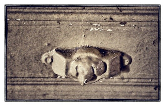 two matching original refinished ornamental cast iron figural "doggie" ornamental cast iron drawer pulls salvaged from a chicago brick two-flat residence built-in