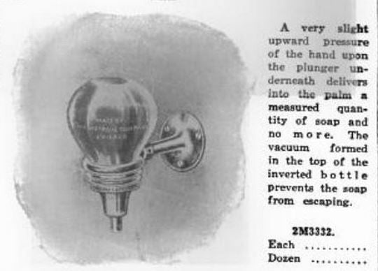 patented c. 1920's original and intact wall-mount "ivory soap" glass and chrome lavatory soap dispenser with intact threaded cap and retractable plunger