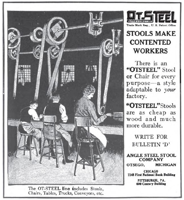 original sturdy c. 1920's heavily reinforced american industrial riveted joint brushed steel four-legged factory stool with oak wood stationary seat