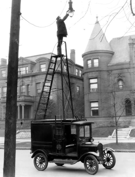 fully functional and completely refinished early 1920's american antique industrial lightweight and rigid "dayton" collapsible safety ladder with guard rails