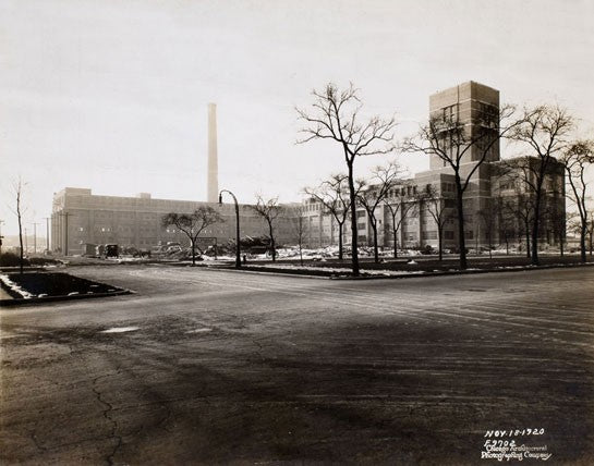massive c. 1921 chicago prairie school "wrightesque" style carved limestone bunte candy factory exterior facade panel fragment