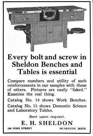 rarely found  c. 1920's vintage american industrial varnished birch wood domestic science laboratory table with original swing-out stools