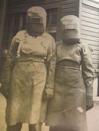 largely intact world war ii-era vintage american industrial factory assembly line welding mask with stationary eyeshield
