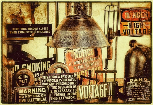 c. 1940's single-sided die cut steel "high voltage" exterior factory fence mounted danger or cautionary sign with great surface patina