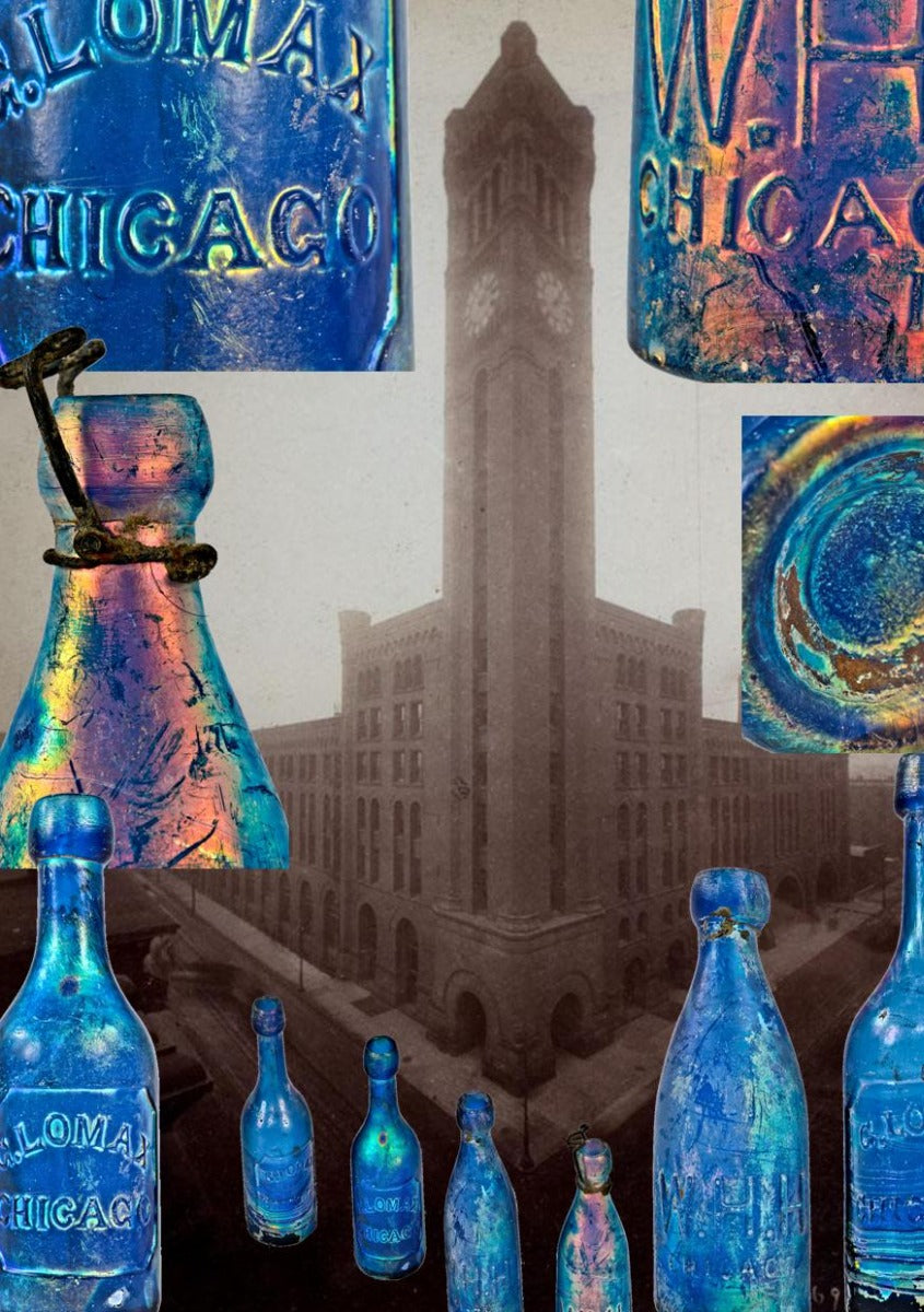 rare heavily irridized cobalt blue glass 1860s w.h.h. soda bottle and stopper dug from site of beman's grand central station