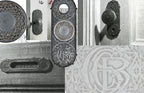 matching set of original museum-quality 1894 ornamental cast iron chicago stock exchange monogrammed backplates with matching oversized doorknobs