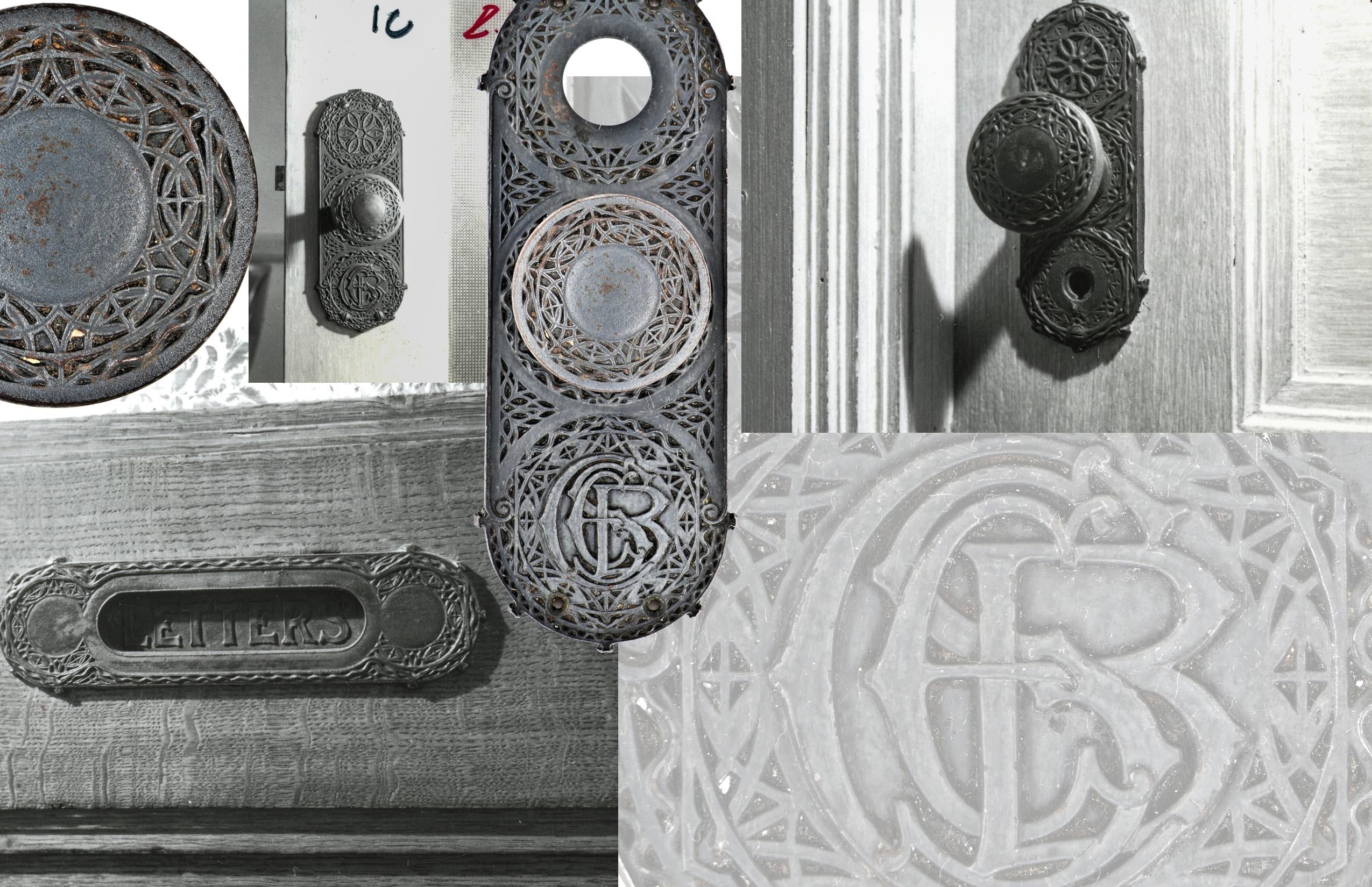 matching set of original museum-quality 1894 ornamental cast iron chicago stock exchange monogrammed backplates with matching oversized doorknobs